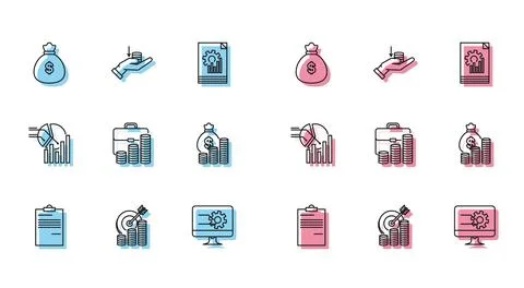 Set line Document, Target with coin symbol, Money bag, Computer monitor gra.. イラスト素材