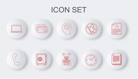 Set line Document, Telephone handset, Human head with gear inside, Clock, Laptop Stock Illustration