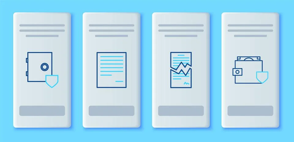 Set line Document, Torn contract, Safe with shield and Wallet and money icon. Ilustración de archivo