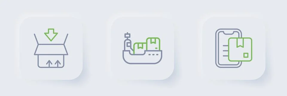 Set line Document tracking marker, Cargo ship with boxes delivery and Carto.. Stock-Illustration