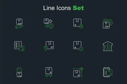 Set line Document tracking marker, Cardboard box measurement, with traffic .. Illustrazione stock