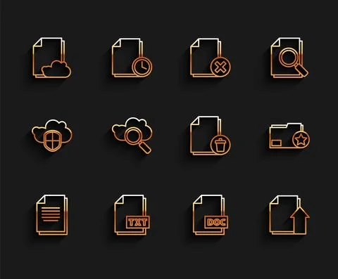 Set line Document, TXT file document, Cloud storage text, DOC, Upload, Search 스톡 일러스트
