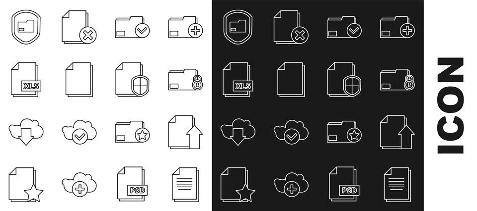 Set line Document, Upload file document, Folder and lock, folder check mark, XLS Illustrazione stock