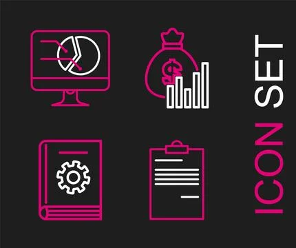 Set line Document, User manual, Money bag and diagram graph and Computer mo.. Stock Illustration