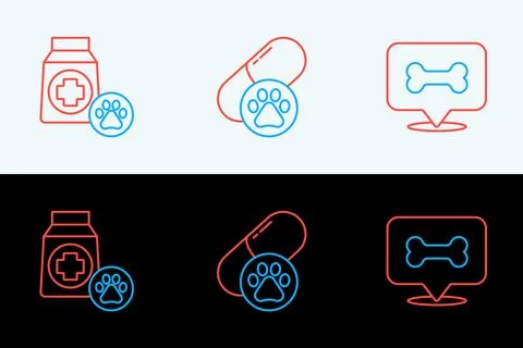 Set line Dog bone, Bag of food and pill icon. Vector Stock Illustration