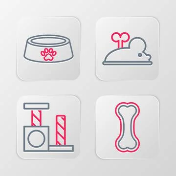 Set line Dog bone, Cat scratching post, Clockwork mouse and Pet food bowl icon Stock-Illustration