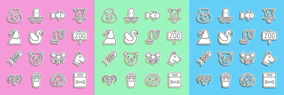 Set line Dog bone, head, Zoo park, Fish, Swan bird, Eagle, Goose and Collar with Stock Illustration
