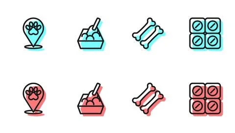 Set line Dog bone, Location veterinary hospital, Cat litter tray with shove.. Stock Illustration