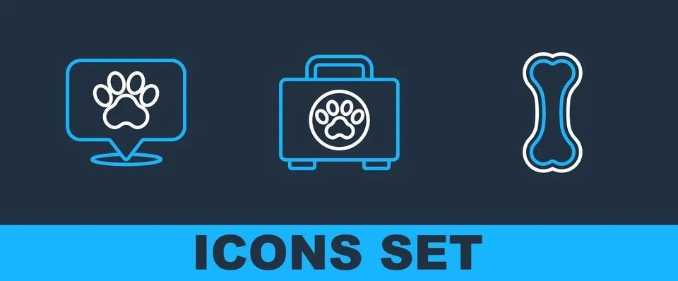 Set line Dog bone, Location veterinary hospital and Pet first aid kit icon... Illustrazione stock