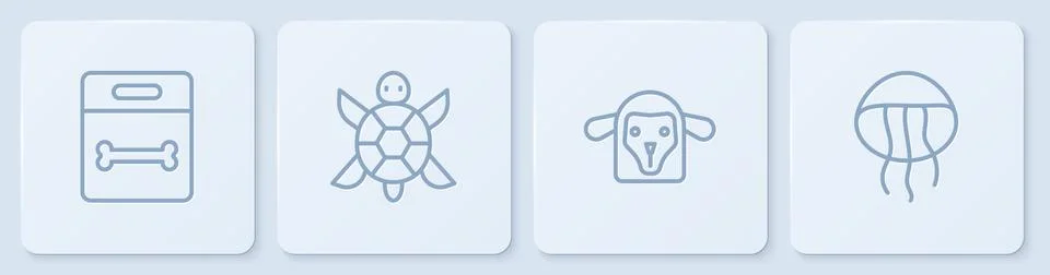 Set line Dog bone, Sheep head, Turtle and Jellyfish. White square button. Vector Stock Illustration