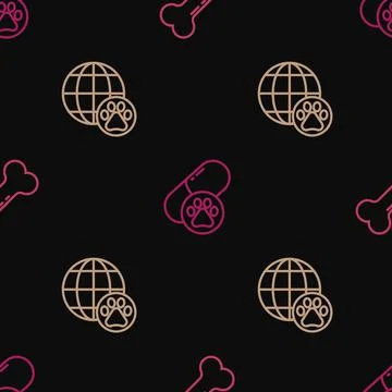 Set line Dog bone, World pet and pill on seamless pattern. Vector Ilustración de archivo