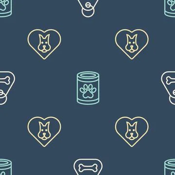 Set line Dog collar with bone, Heart dog and Canned food on seamless pattern Illustrazione stock