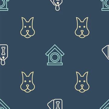 Set line Dog collar with bone,  and house on seamless pattern. Vector Illustrazione stock