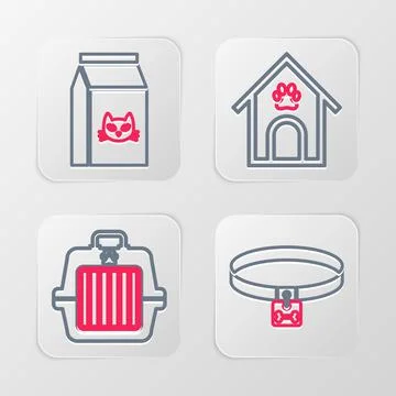 Set line Dog collar, Pet carry case, house and paw print pet and Bag of food for Illustration