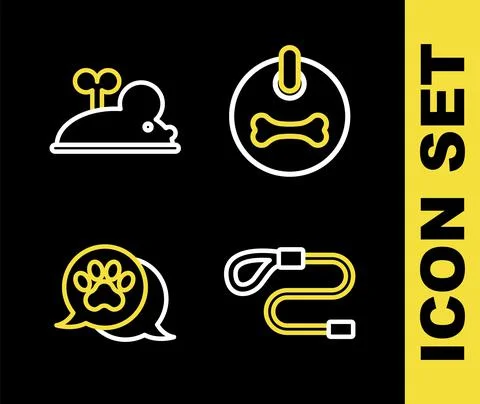 Set line Dog collar, Retractable cord leash, Paw print and Clockwork mouse icon Stock Illustration