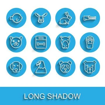 Set line Dog Eagle head Puffer fish Cute panda face Bear bone Paw print and H Stock Illustration