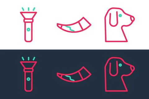 Set line Dog, Flashlight and Hunting horn icon. Vector Stock Illustration
