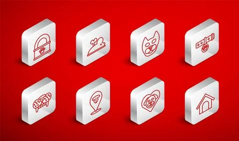 Set line Dog house, Clockwork mouse, Cat, Collar with name tag, Heart dog, .. Ilustração Stock