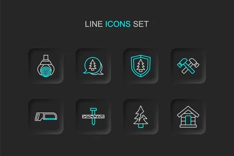 Set line Dog house, Tree, Metallic nail, Hacksaw, Crossed hammer, Shield wi.. Illustrazione stock