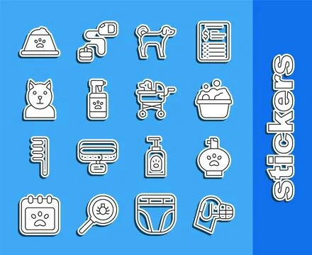 Set line Dog in muzzle, Pet shampoo, Pets bath, Cat, food bowl and stroller.. Stock Illustration