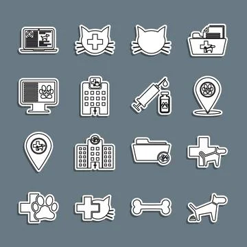 Set line Dog pooping, Veterinary clinic, Location veterinary, Cat, medicine Stock Illustration