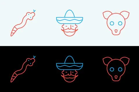 Set line Dog, Snake and Mexican man sombrero icon. Vector Stock Illustration