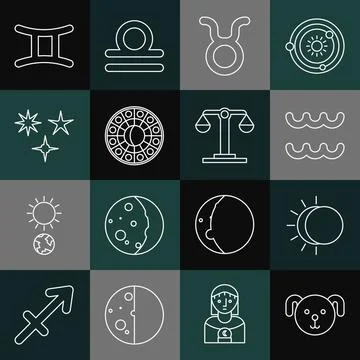 Set line Dog zodiac, Eclipse of the sun, Aquarius, Taurus, Astrology horoscope Ilustração Stock