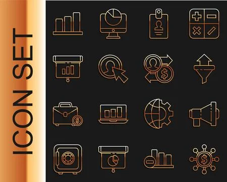 Set line Dollar, network, Megaphone, Sales funnel with arrows, Identificati.. Stock-Illustration