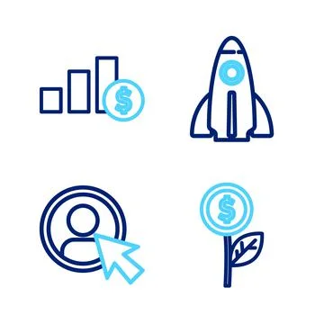 Set line Dollar plant, Create account screen, Startup project concept and Pie Illustrazione stock