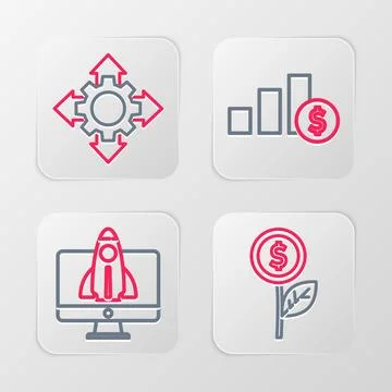 Set line Dollar plant, Startup project concept, Pie chart and dollar and Pr.. Illustrazione stock