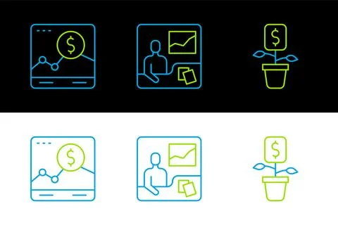 Set line Dollar plant, Website with growth graph and Trading courses icon. .. Stock Illustration