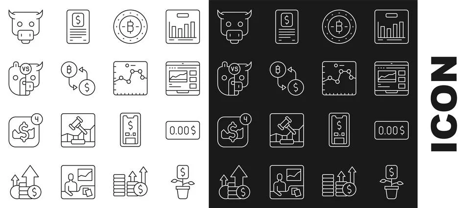 Set line Dollar plant, Zero cost, Trading courses, Bitcoin, Cryptocurrency Illustrazione stock
