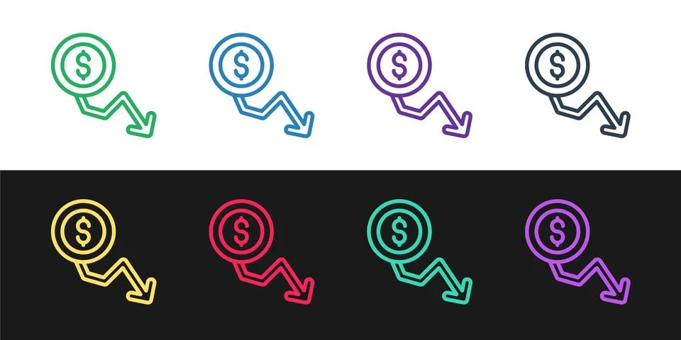 Set line Dollar rate decrease icon isolated on black and white background. Cost Illustrazione stock