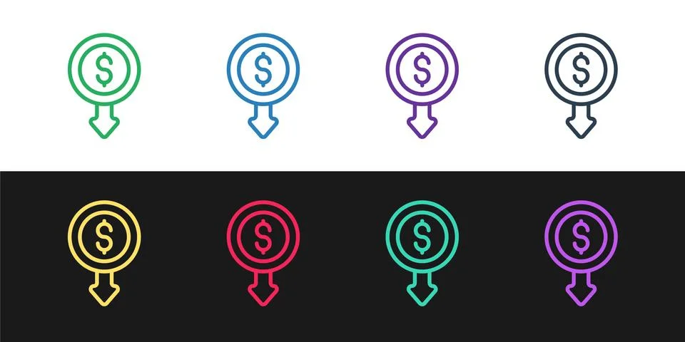 Set line Dollar rate decrease icon isolated on black and white background. Cost 库存插图