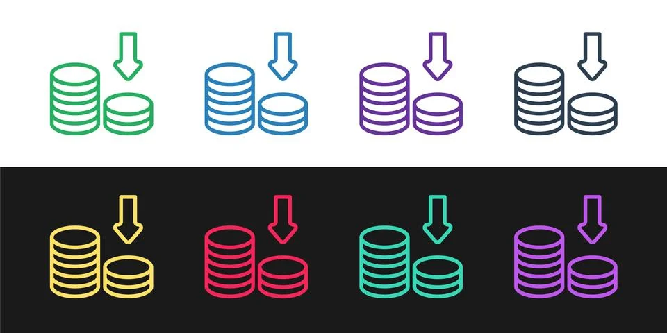 Set line Dollar rate decrease icon isolated on black and white background. Cost 库存插图