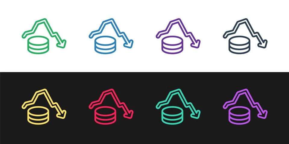 Set line Dollar rate decrease icon isolated on black and white background. Cost Stockillustratie