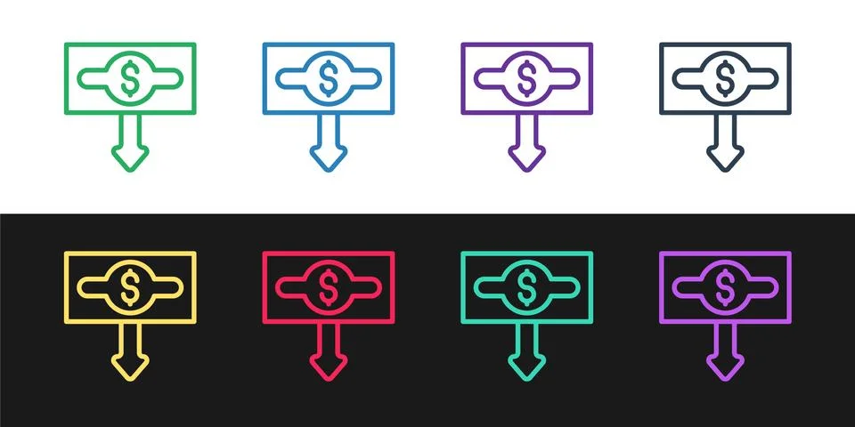 Set line Dollar rate decrease icon isolated on black and white background. Cost Illustrazione stock