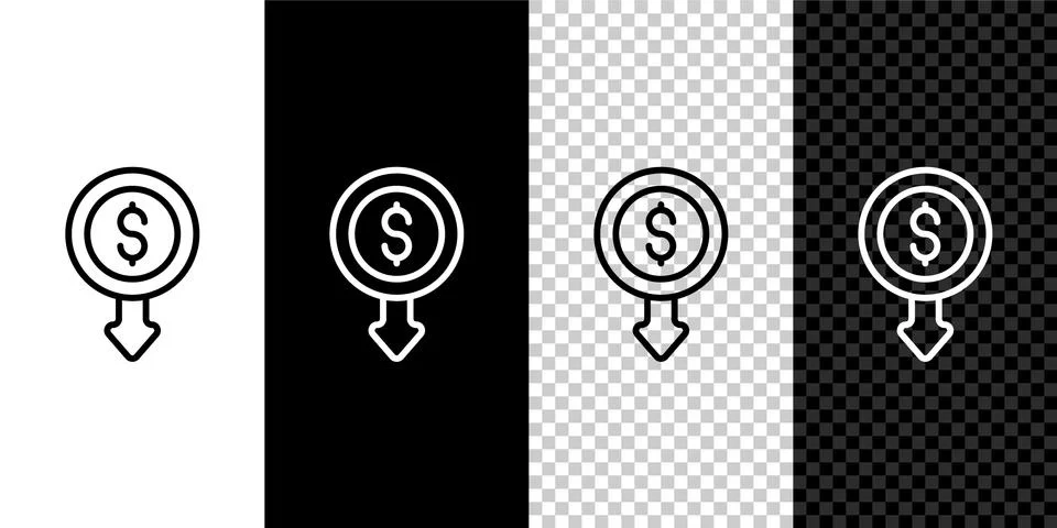 Set line Dollar rate decrease icon isolated on black and white, transparent 库存插图