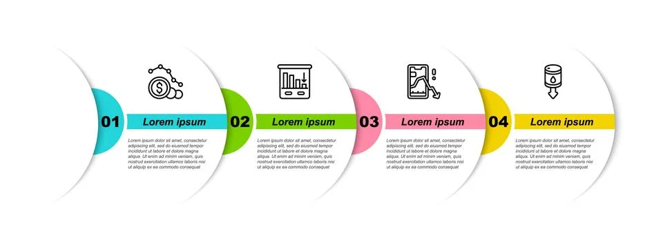 Set line Dollar rate decrease, Pie chart infographic, Mobile stock trading and Stock Illustration