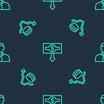 Set line Dollar rate decrease, and Worker on seamless pattern. Vector 库存插图