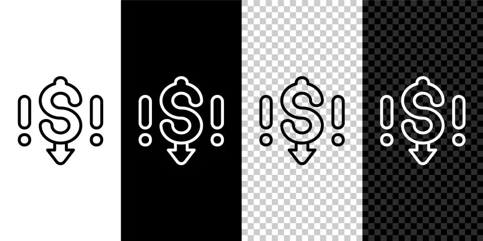 Set line Dollar rate decrease icon isolated on black and white, transparent 库存插图
