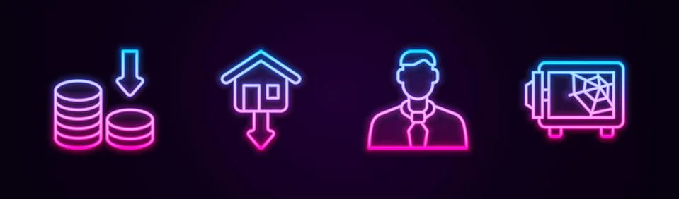 Set line Dollar rate decrease, Falling property prices, Worker and Safe. Glowing Stock Illustration