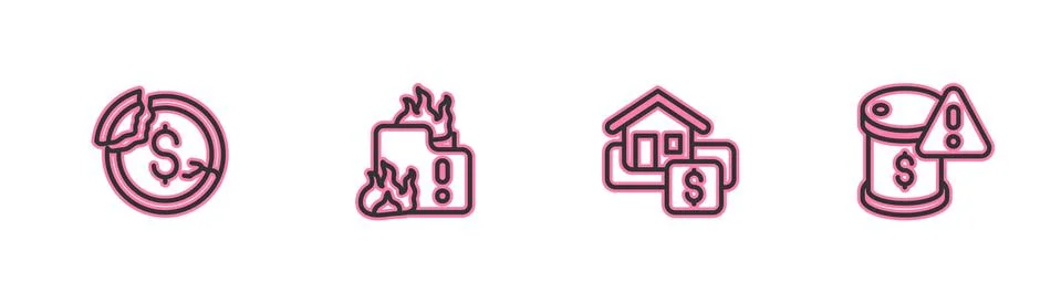 Set line Dollar rate decrease, Hanging sign with Sale, Fire burning house and Stock Illustration