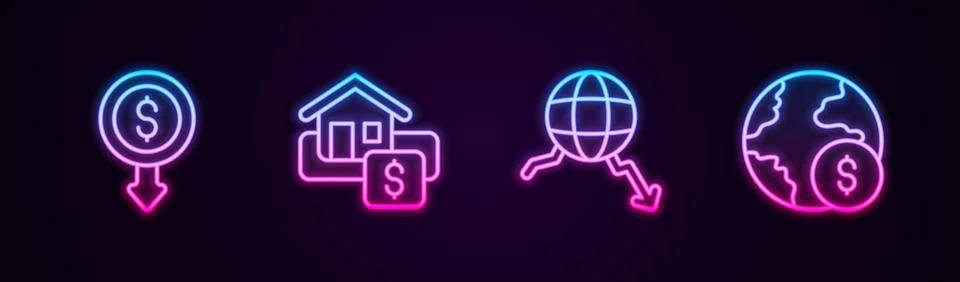 Set line Dollar rate decrease, Hanging sign with Sale, Global economic crisis Stock Illustration