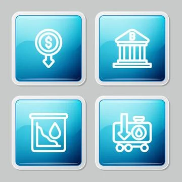 Set line Dollar rate decrease, Bank building, Drop crude oil price and icon 库存插图