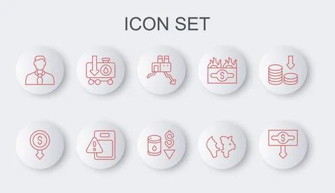 Set line Dollar rate decrease, Shutdown of factory, Broken piggy bank, Worker Stock Illustration