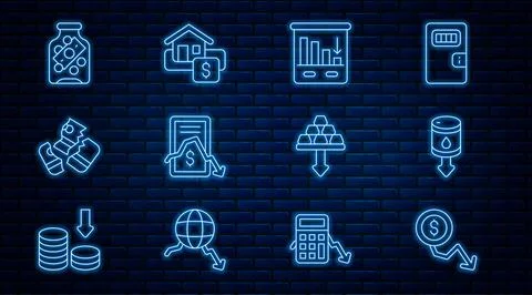 Set line Dollar rate decrease, Drop in crude oil price, Pie chart infographic Stock Illustration