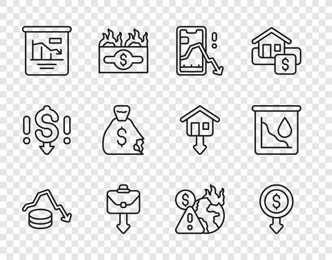 Set line Dollar rate decrease, Mobile stock trading, Briefcase, Pie chart Stock Illustration
