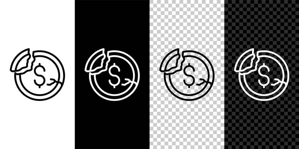Set line Dollar rate decrease icon isolated on black and white, transparent 库存插图