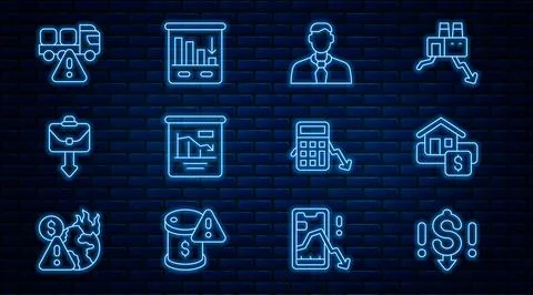 Set line Dollar rate decrease, Hanging sign with Sale, Worker, Pie chart Stock Illustration